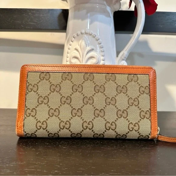 Gucci GG Canvas Zip Around Wallet Brown & Orange Leather Authentic - Picture 4 of 12